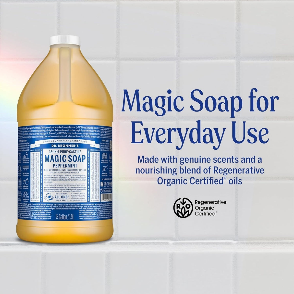 Pure Castile Liquid Soap - Peppermint, Vegan, 64 Oz - Multi-Purpose Natural Cleaner