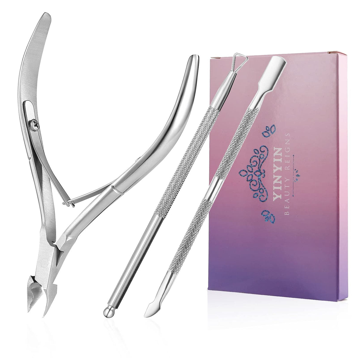 Professional Cuticle Trimmer with Pusher and Cutter - Silver 3-Piece Set