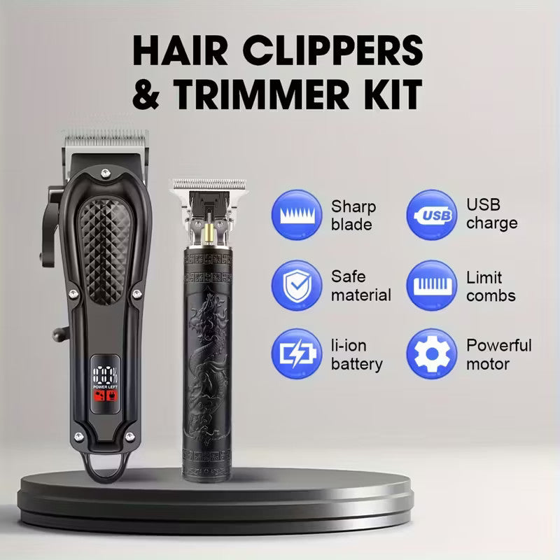 Men's Professional Hair Clippers & Trimmer Set with Adjustable Blade and 8 Limiters