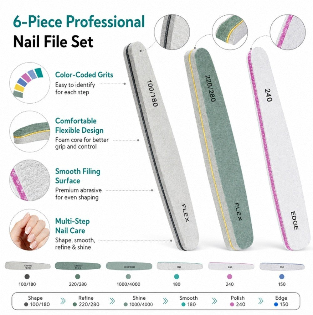 6 Pack Double-Sided Nail Files 100/180 Grit Emery Boards for Manicure & Pedicure