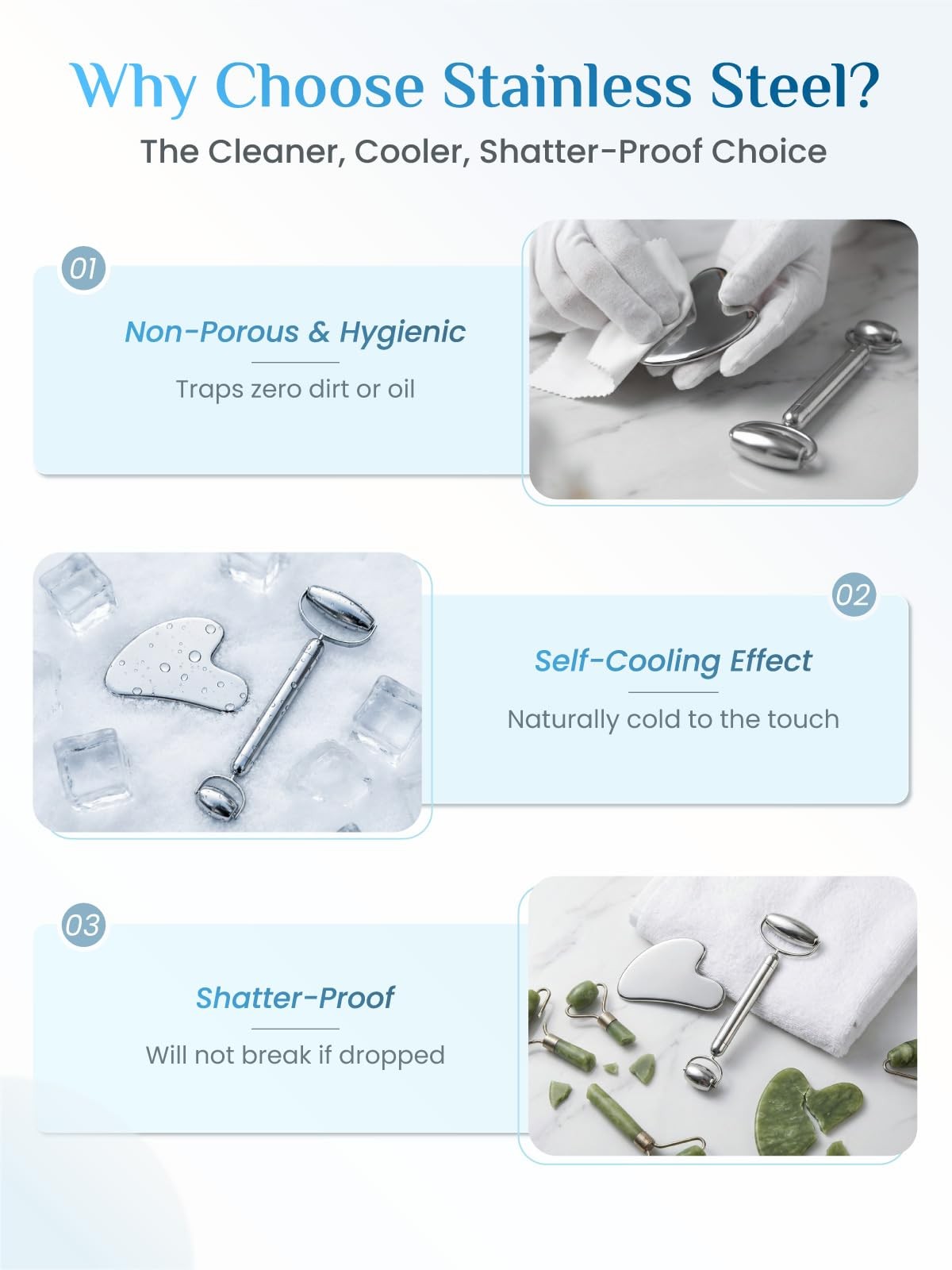 Stainless Steel Gua Sha and Facial Roller Set - Anti-Breakage Face Massage Tools