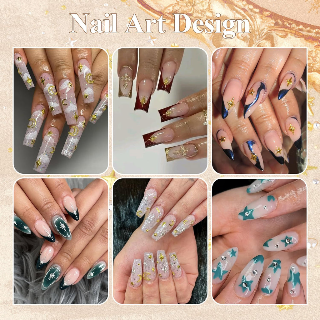 3D Star Nail Charms Set - Gold & Silver Metallic Nail Art Gems with Tweezers