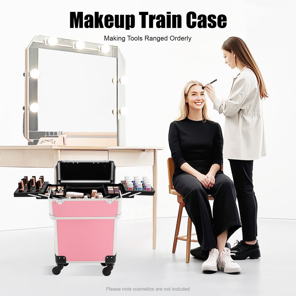 Pink Aluminum Travel Makeup Train Case with Wheels and Large Storage
