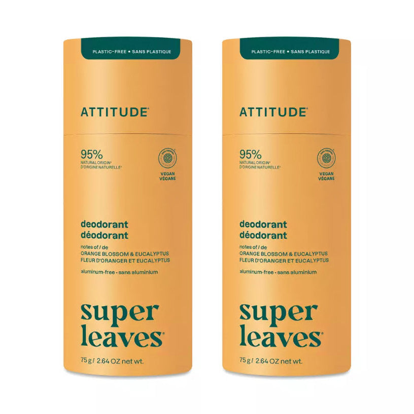 Attitude Super Leaves Natural Aluminum-Free Deodorant with Orange Blossom & Eucalyptus - Vegan, Plastic-Free, 2.64 oz (Pack of 2)