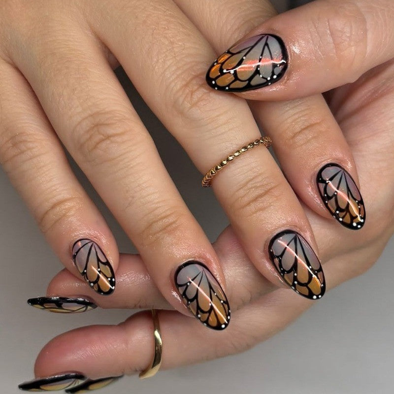 48 Pcs Gradient Butterfly Wing Almond Press-On Nails Fairy Nude Fake Nails