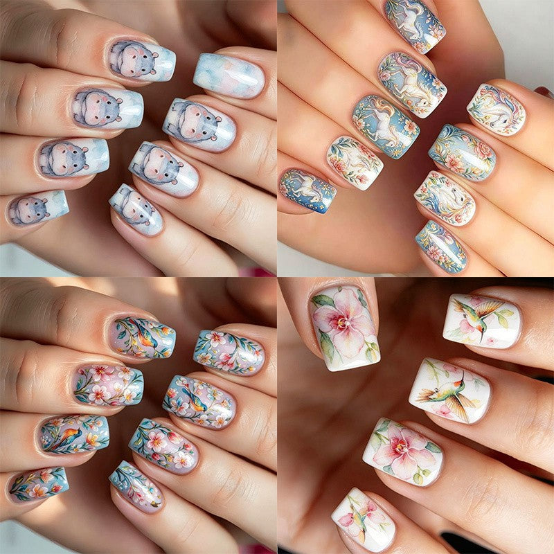 96Pcs Short Square Nail Set with Hand Painted Unicorn Hippo Hummingbird & Flowers