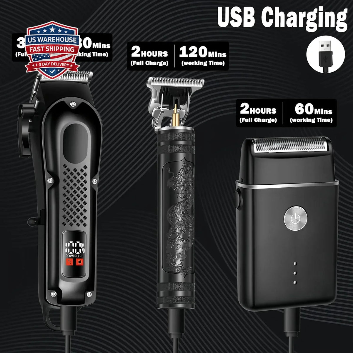 3-in-1 Cordless Hair Clippers Beard Trimmer Foil Shaver with LED Display