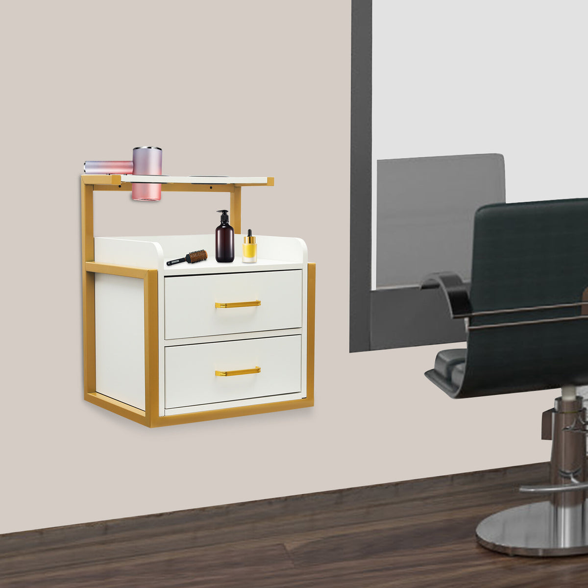 Wall Mount Salon Storage Cabinet with 2 Drawers and Open Shelf - Spa Barber Hair Tool Organizer