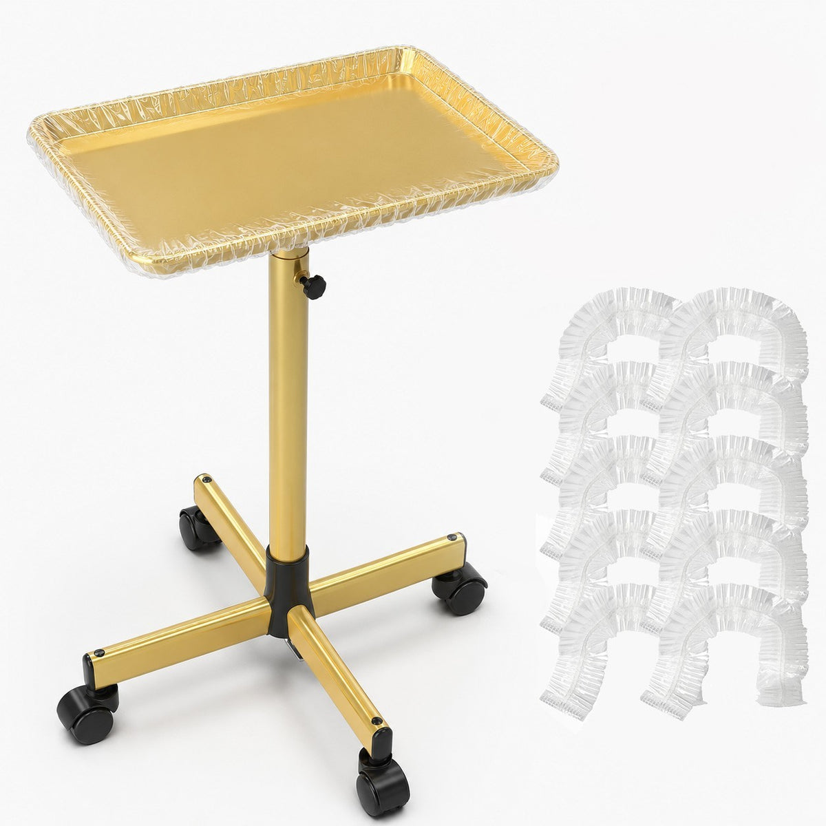 Adjustable Salon Rolling Trolley on Wheels - Gold Aluminum Hair & Tattoo Tray