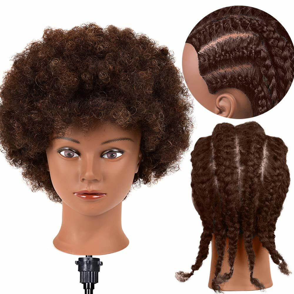 Human Hair Mannequin Head for Hair Styling Training Afro Curl Brown