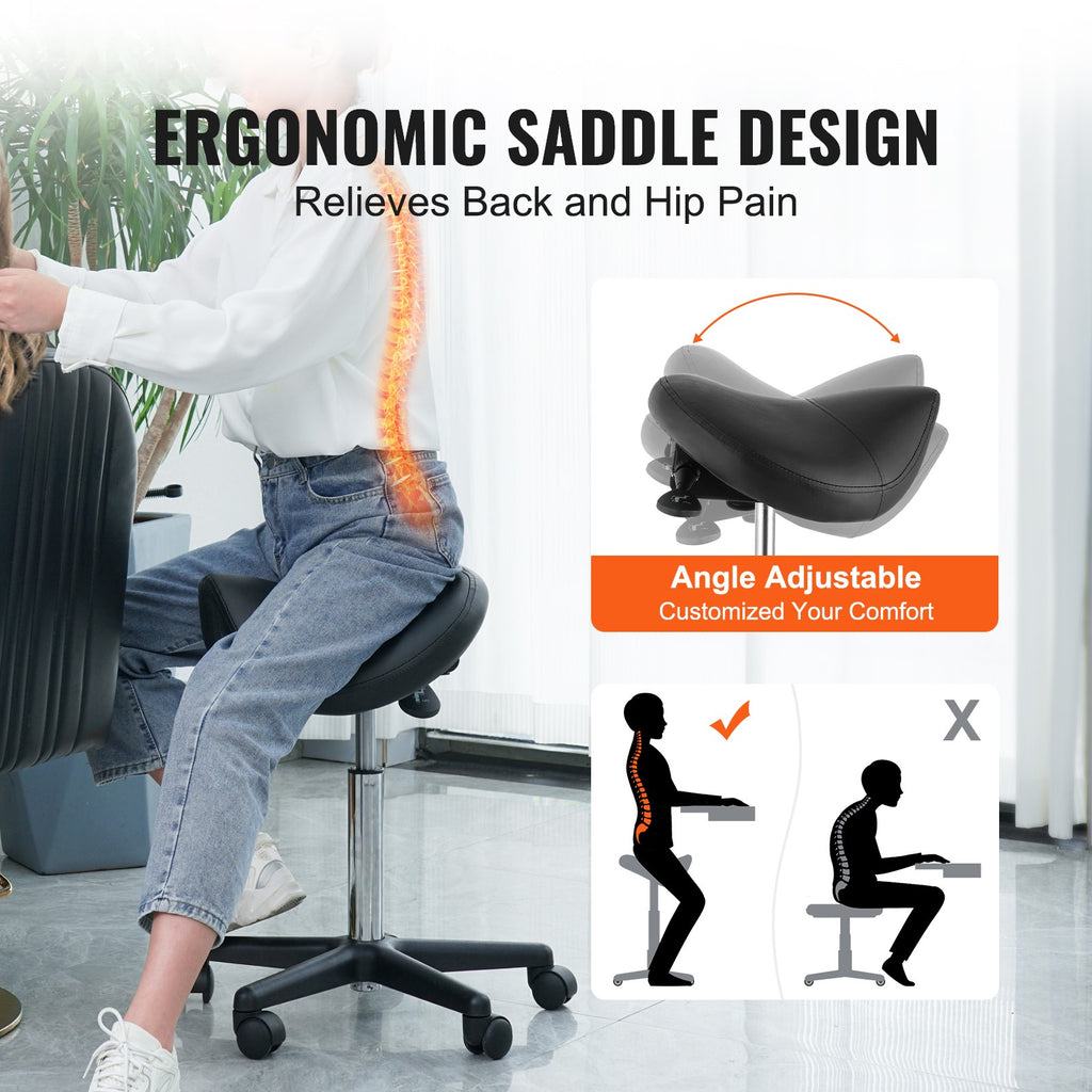 Ergonomic Saddle Stool with Wheels - Adjustable Height PU Leather Seat