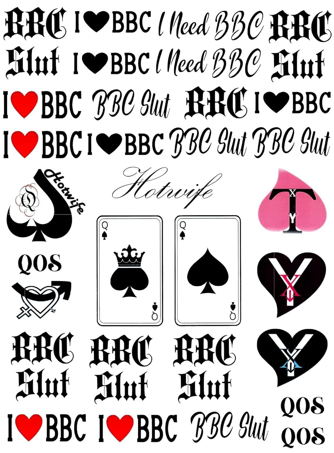 Temporary Queen of Spades Tattoo Stickers - 4 Sheets, 81 Designs