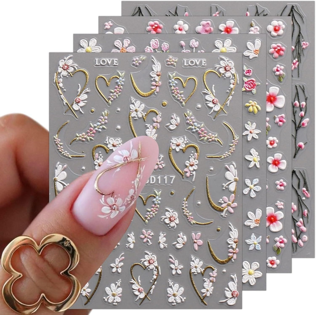 3D Embossed Flower Nail Art Stickers - Self-Adhesive Colorful Decals