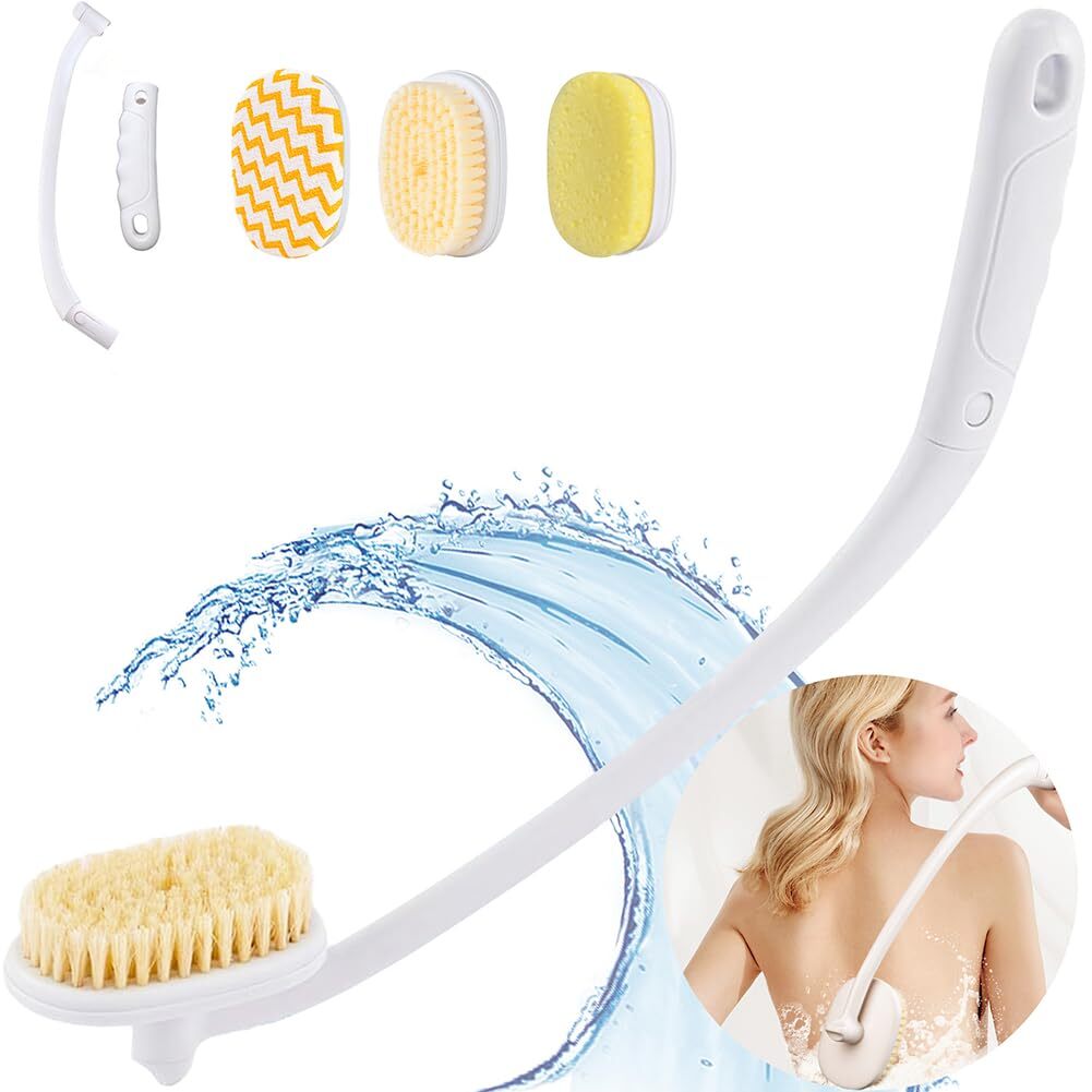 Long Handle Shower Body Brush with 3 Interchangeable Heads - Back Scrubber