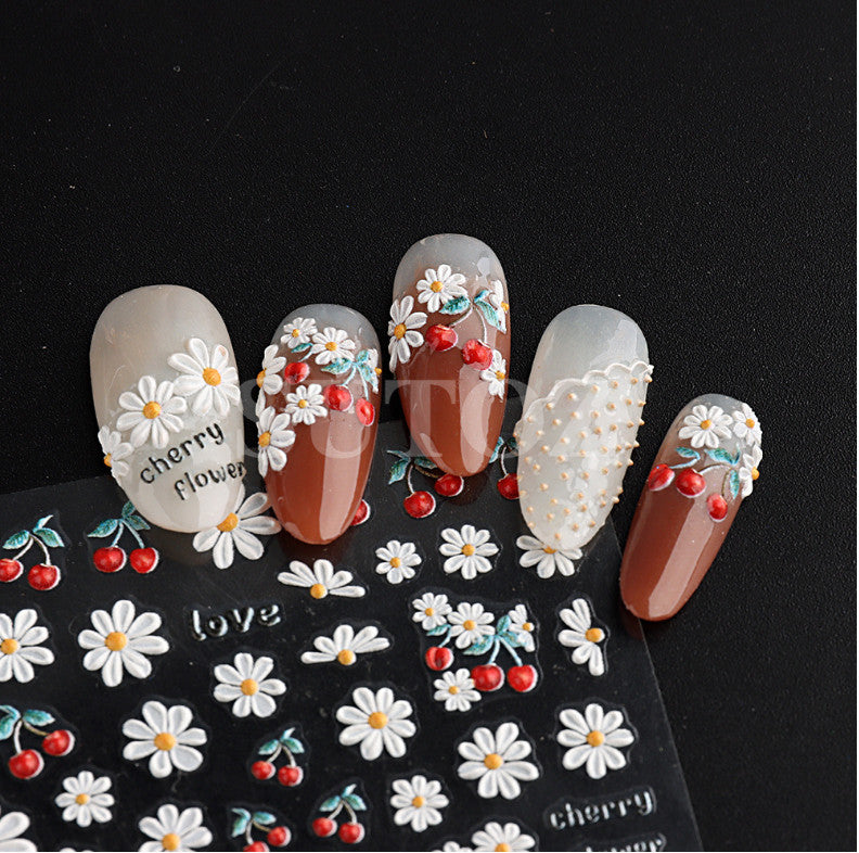 White Red Daisy Flower Cherry Nail Stickers for Manicure - Embossed Decals