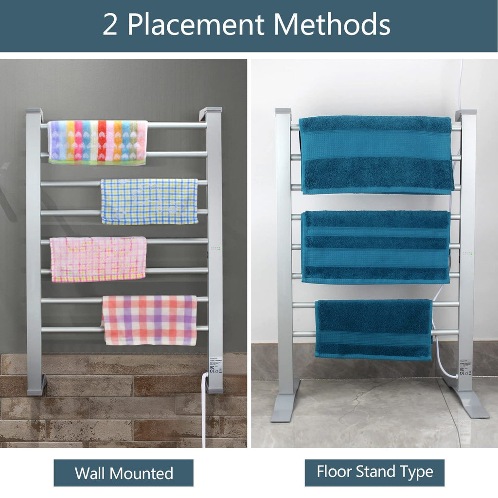 Electric Towel Warmer 8-Bar Aluminum Floor & Wall Mount with Timer