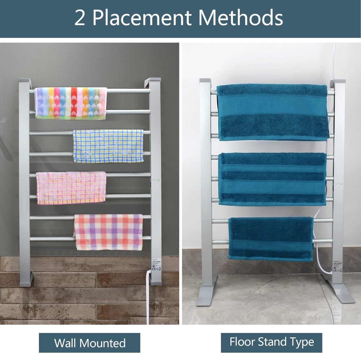 Electric Towel Warmer 8-Bar Aluminum Floor & Wall Mount with Timer
