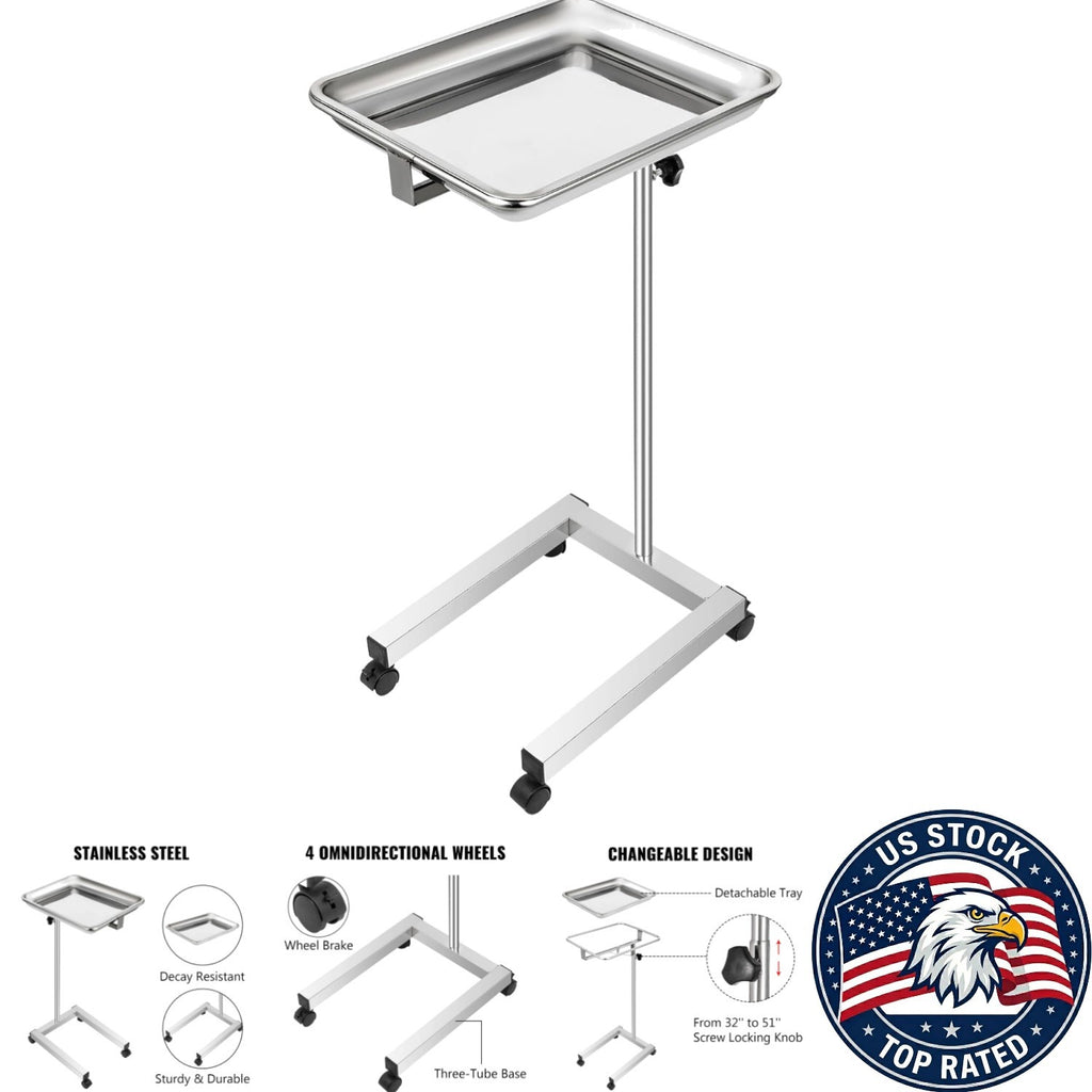 18x14 Stainless Steel Mayo Tray Stand with Swivel Wheels for Medical & Salon Use