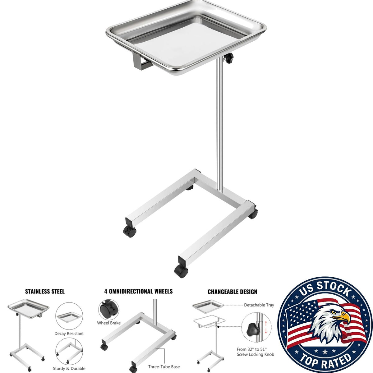 18x14 Stainless Steel Mayo Tray Stand with Swivel Wheels for Medical & Salon Use