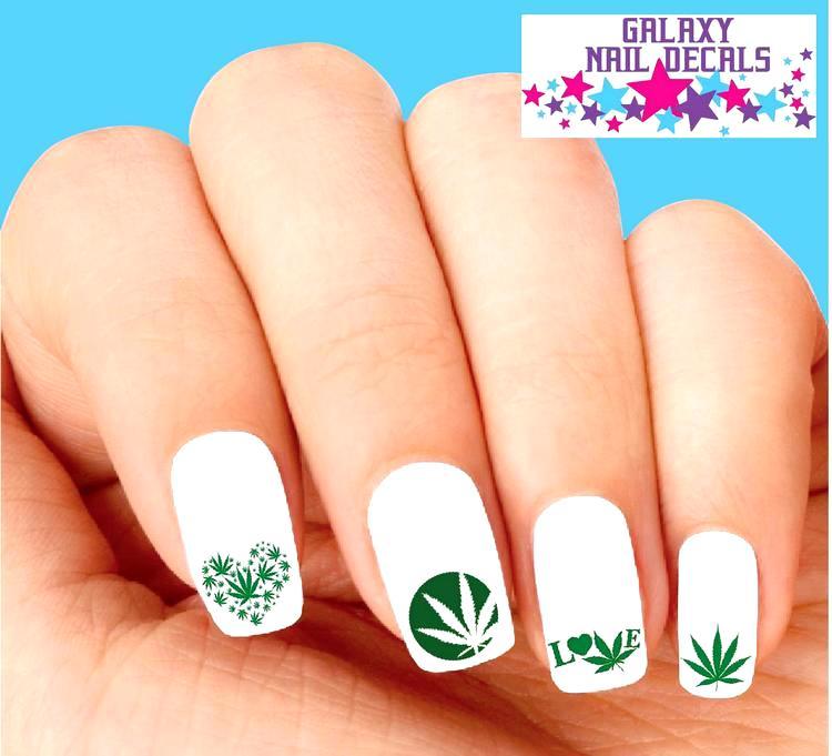 Waterslide Nail Decals Set of 20 - Green Cannabis Marijuana Love Art