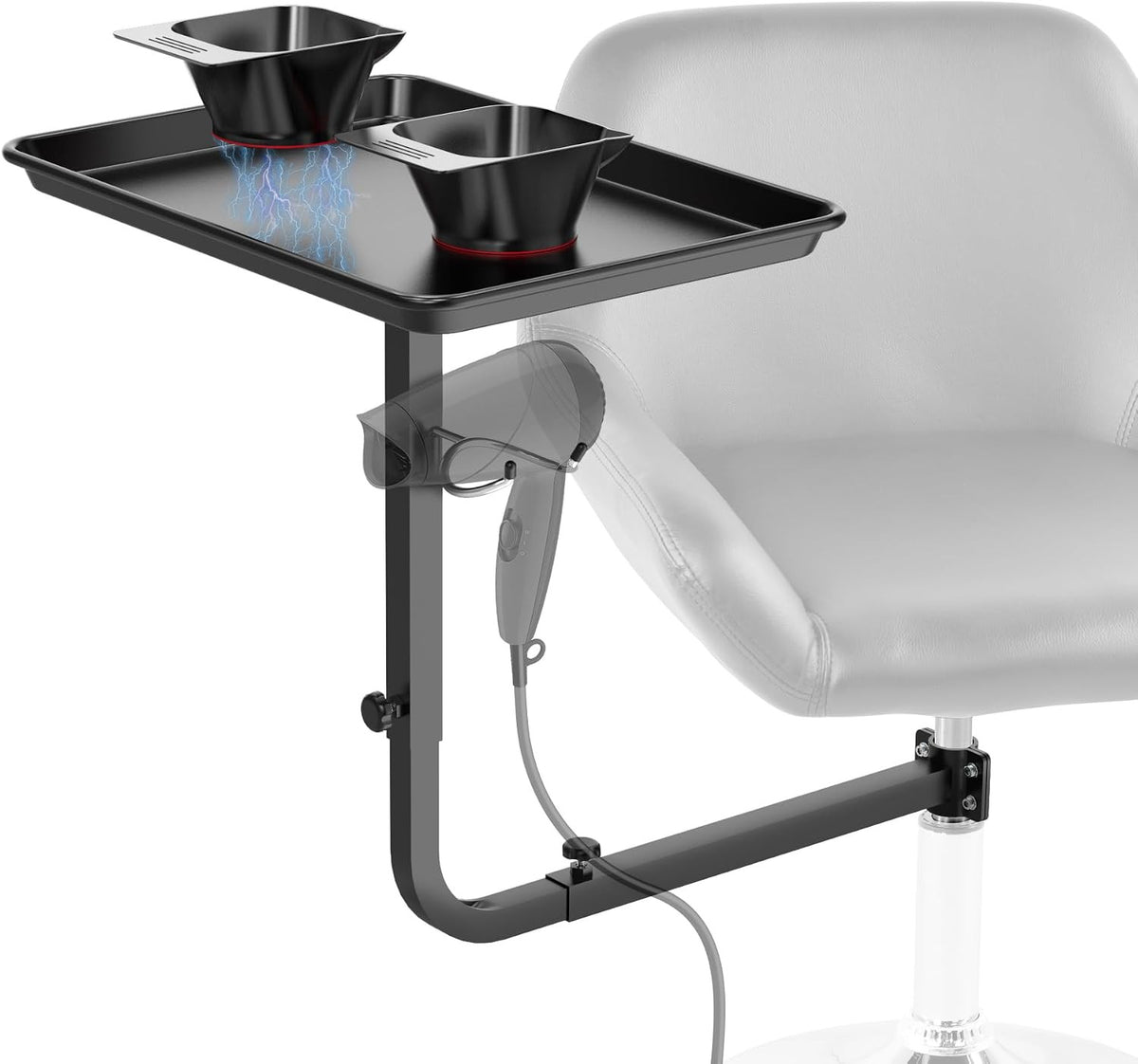 Chair Mounted Hair Tray with Magnetic Bowls and Dryer Holder for Salon & Barber