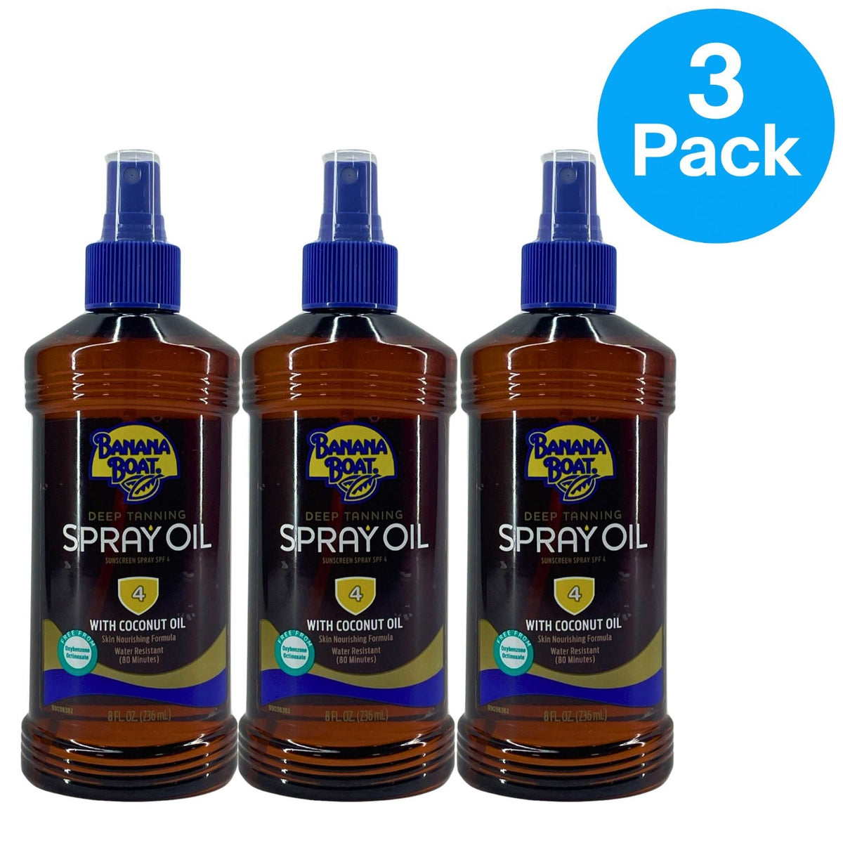 Deep Tanning Spray Oil with Coconut & SPF 4 - 3 Pack, Water-Resistant, 8oz