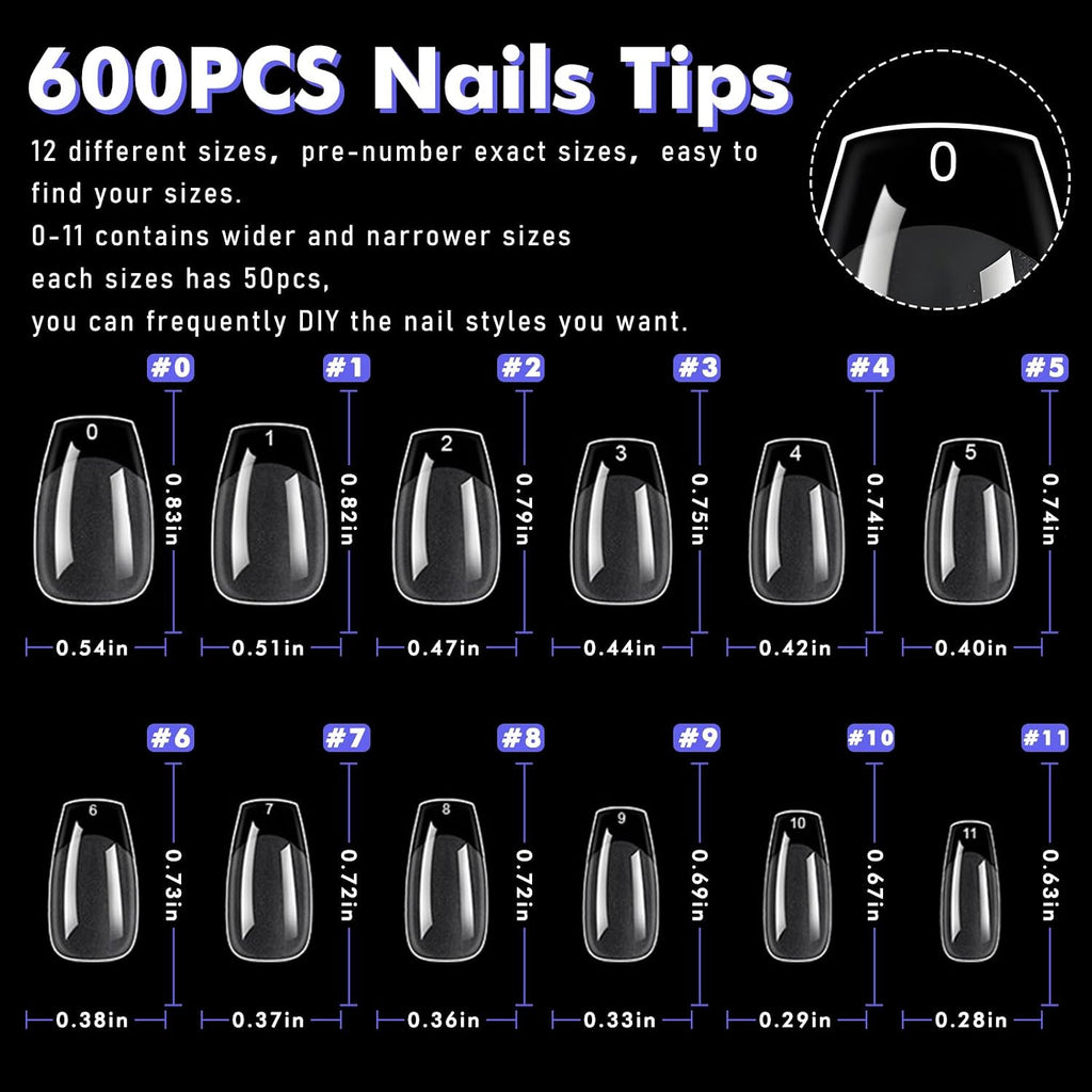 600Pcs Short Coffin Gel Nail Tips - Full Cover False Nails Set, 12 Sizes