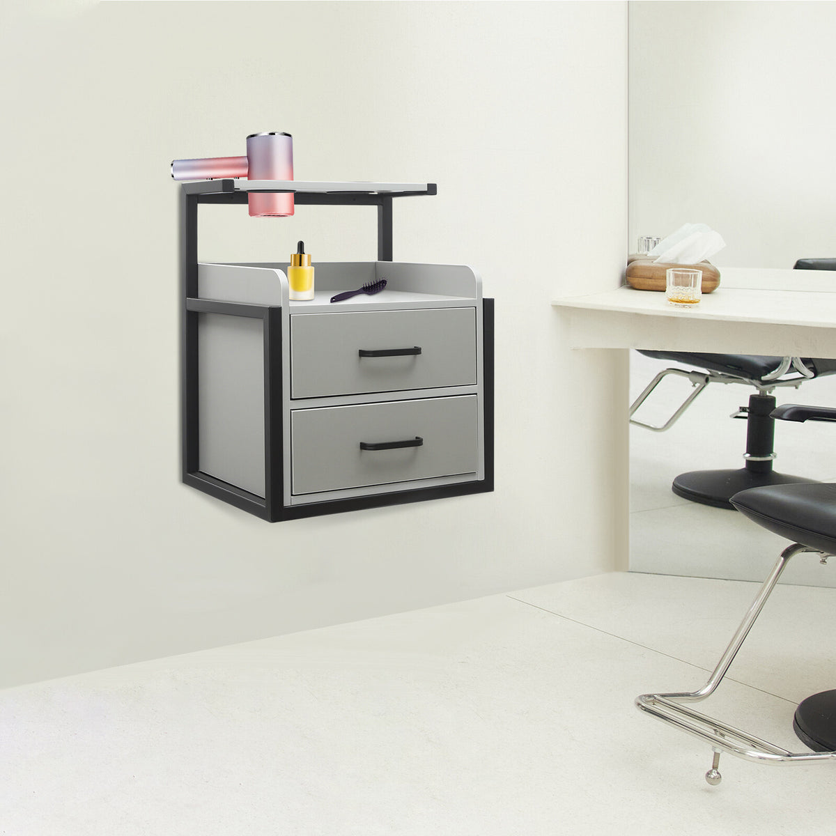 Wall Mounted Salon Storage Cabinet for Hair Salon Equipment - Black & Grey