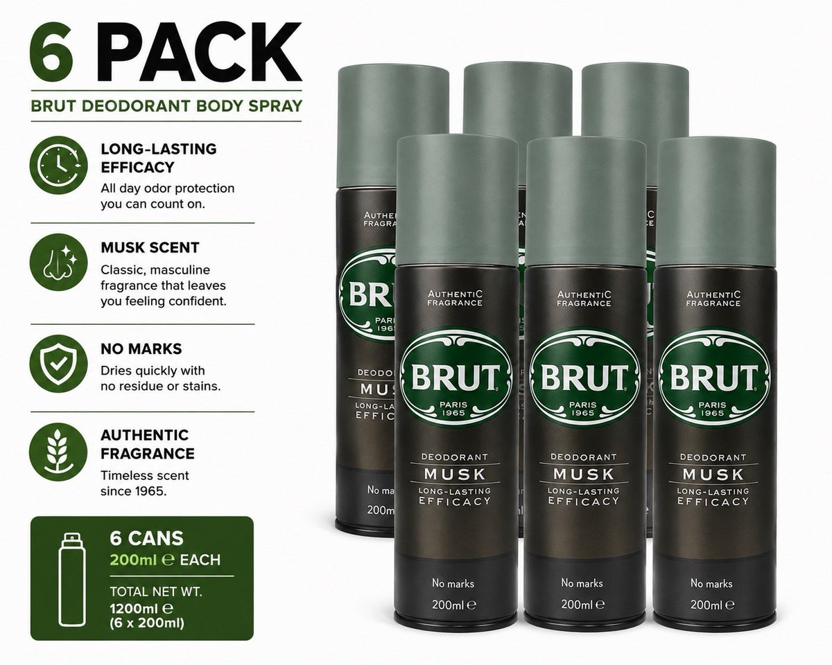 6 Pack Brut Musk Deodorant Body Spray Long Lasting Fragrance 200ml