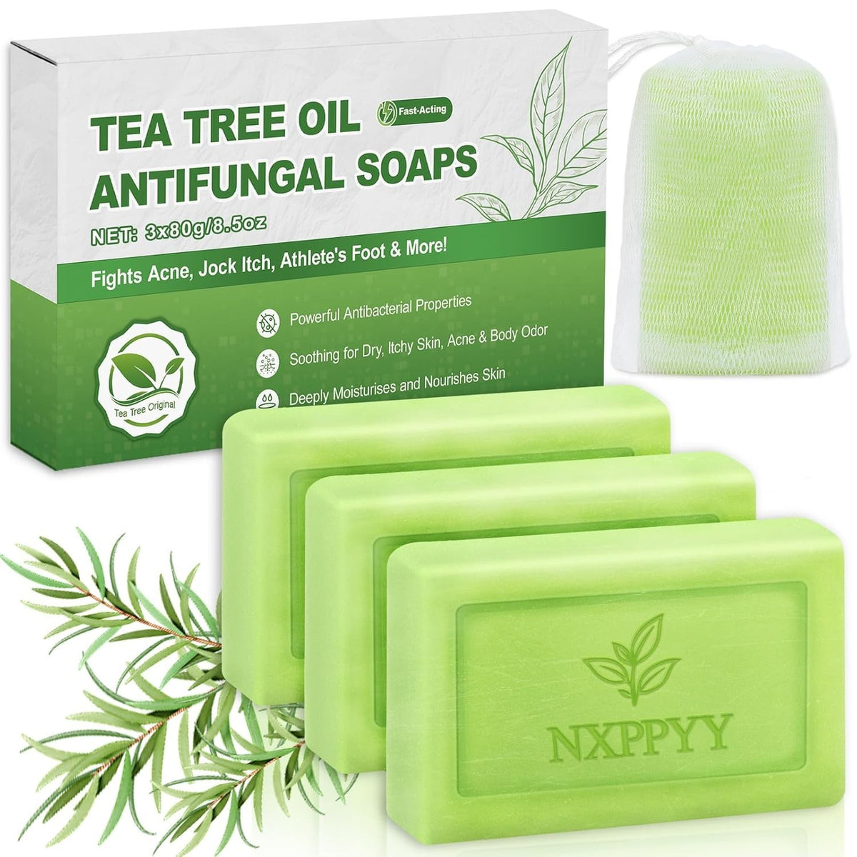 Antifungal Soap Bar with Tea Tree & Eucalyptus - 3 Pack, Deep Cleansing