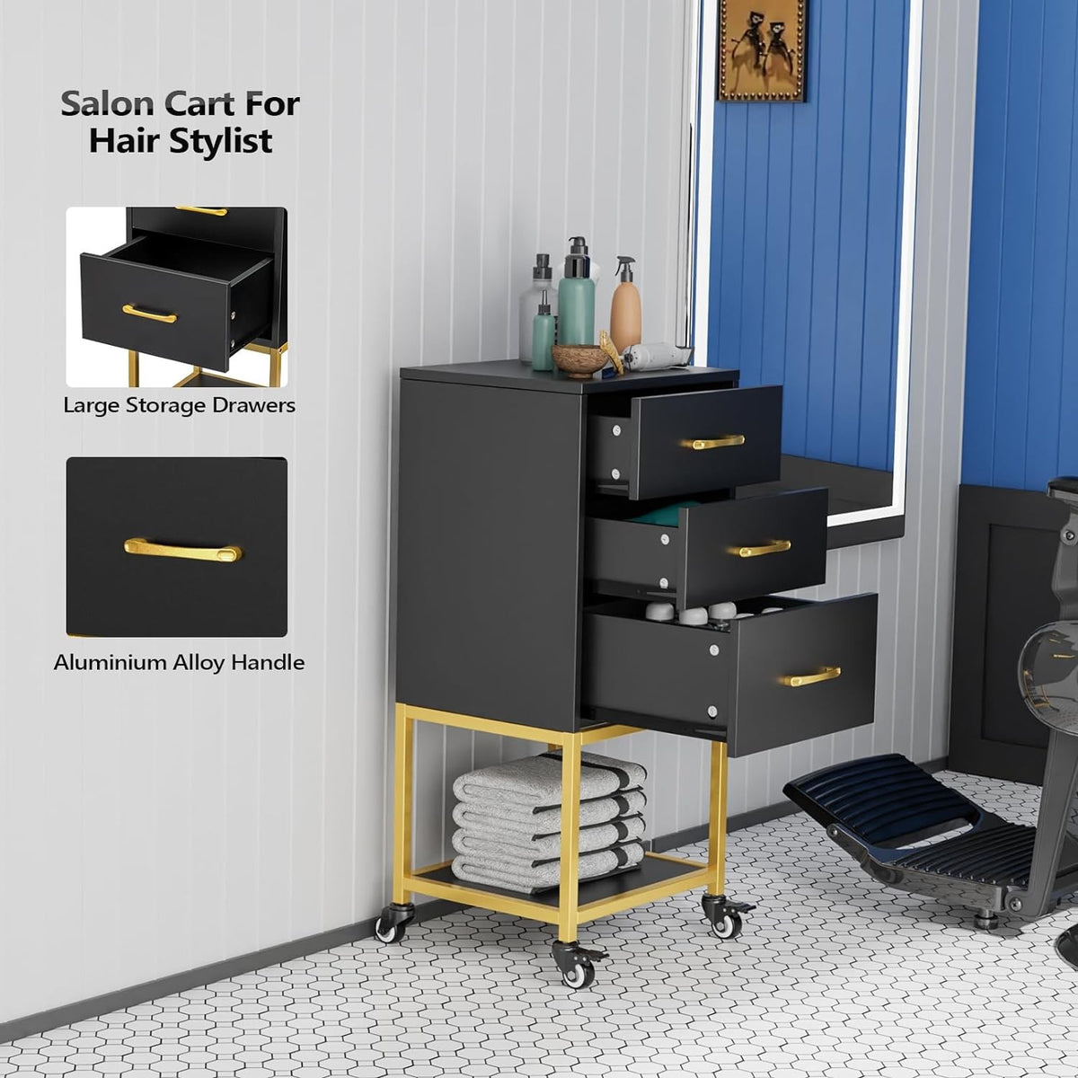 Salon Organizer Cart with 3 Drawers and 4 Casters - Hair & Beauty Storage