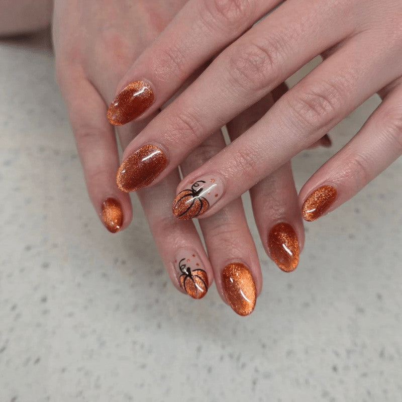 72Pcs Short Almond Fake Nails with Halloween Pumpkin Orange Glitter