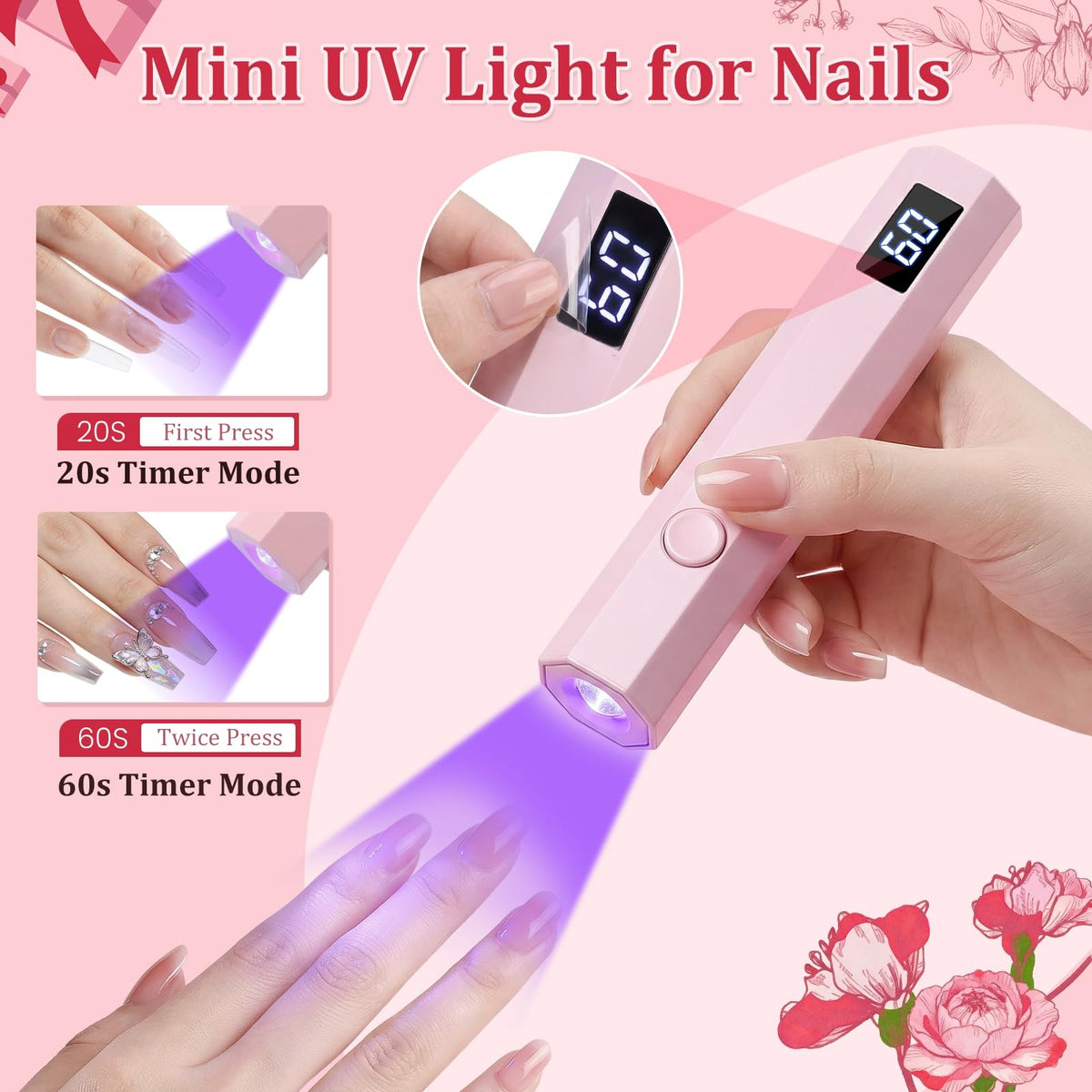 Handheld UV Nail Light for Gel Nails Mini Flash Cure Lamp Pink