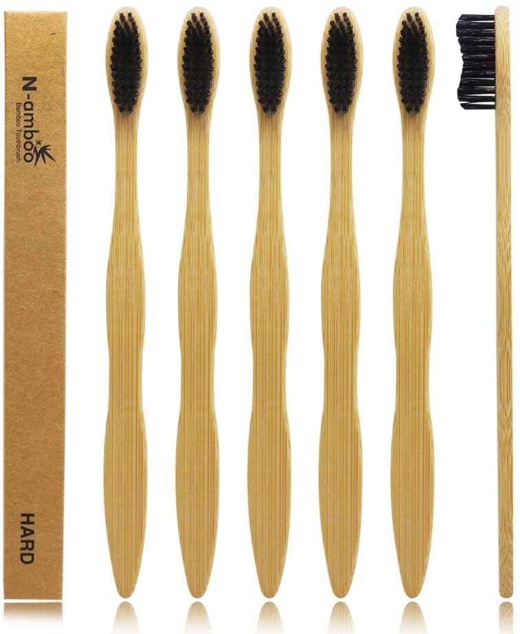 Eco-Friendly Bamboo Toothbrush with Super Hard Bristles - Pack of 6, Light Brown