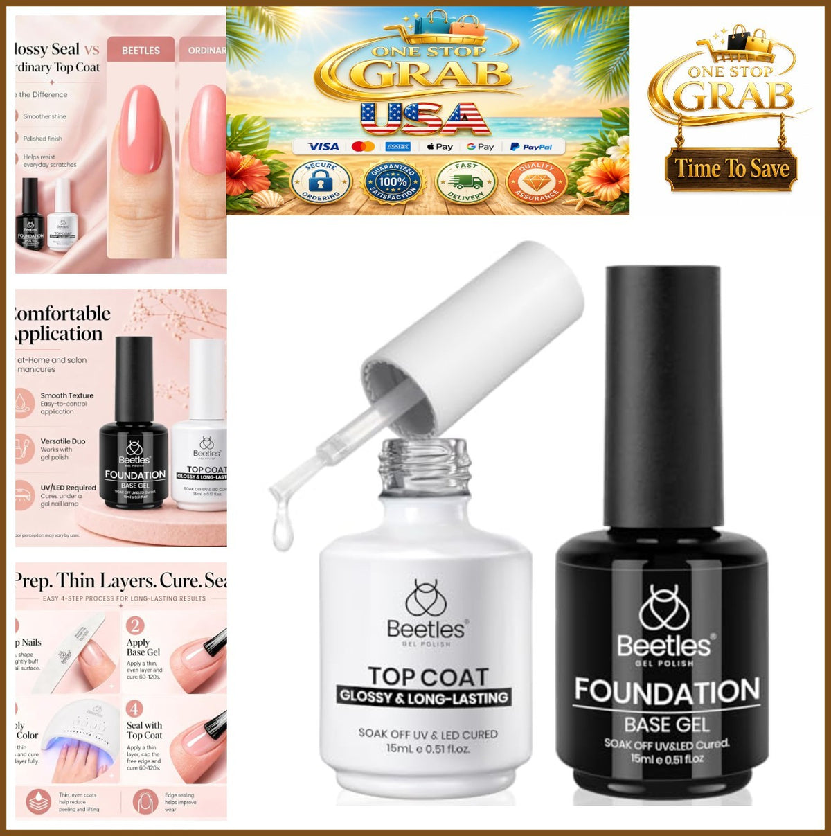 Gel Base and Top Coat Set - No Wipe Glossy UV LED Soak-Off Nails, 2 x 15ml