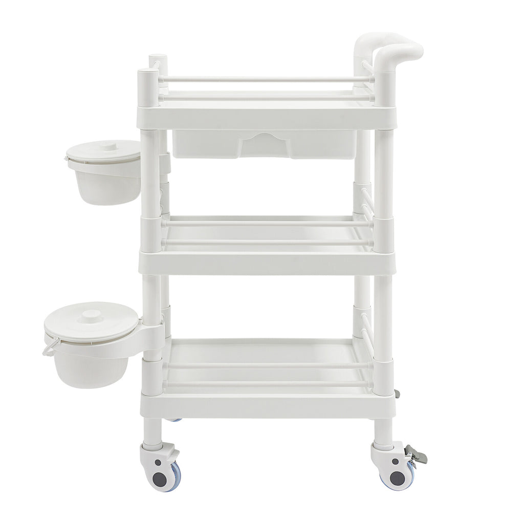 Salon Mobile Storage Cart with 3 Shelves and 2 Garbage Bins - White