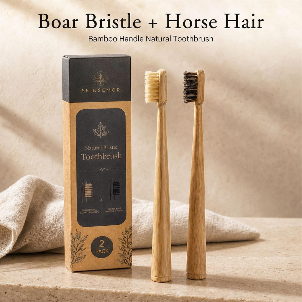 Natural Bamboo Toothbrush Set with Boar and Horsehair Bristles Eco-Friendly