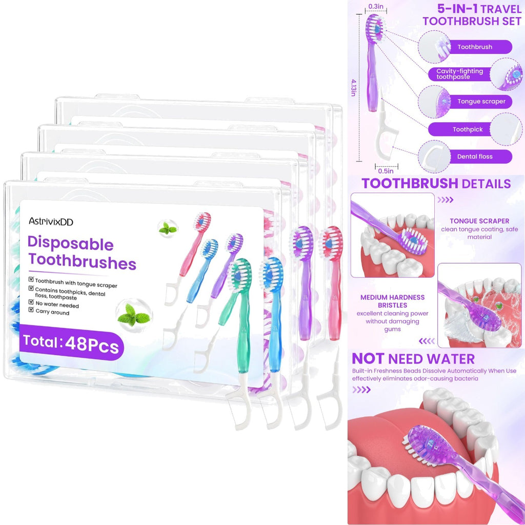 Mini 5-in-1 Disposable Travel Toothbrush Set with Floss, Waterless, Bulk 48 Pack