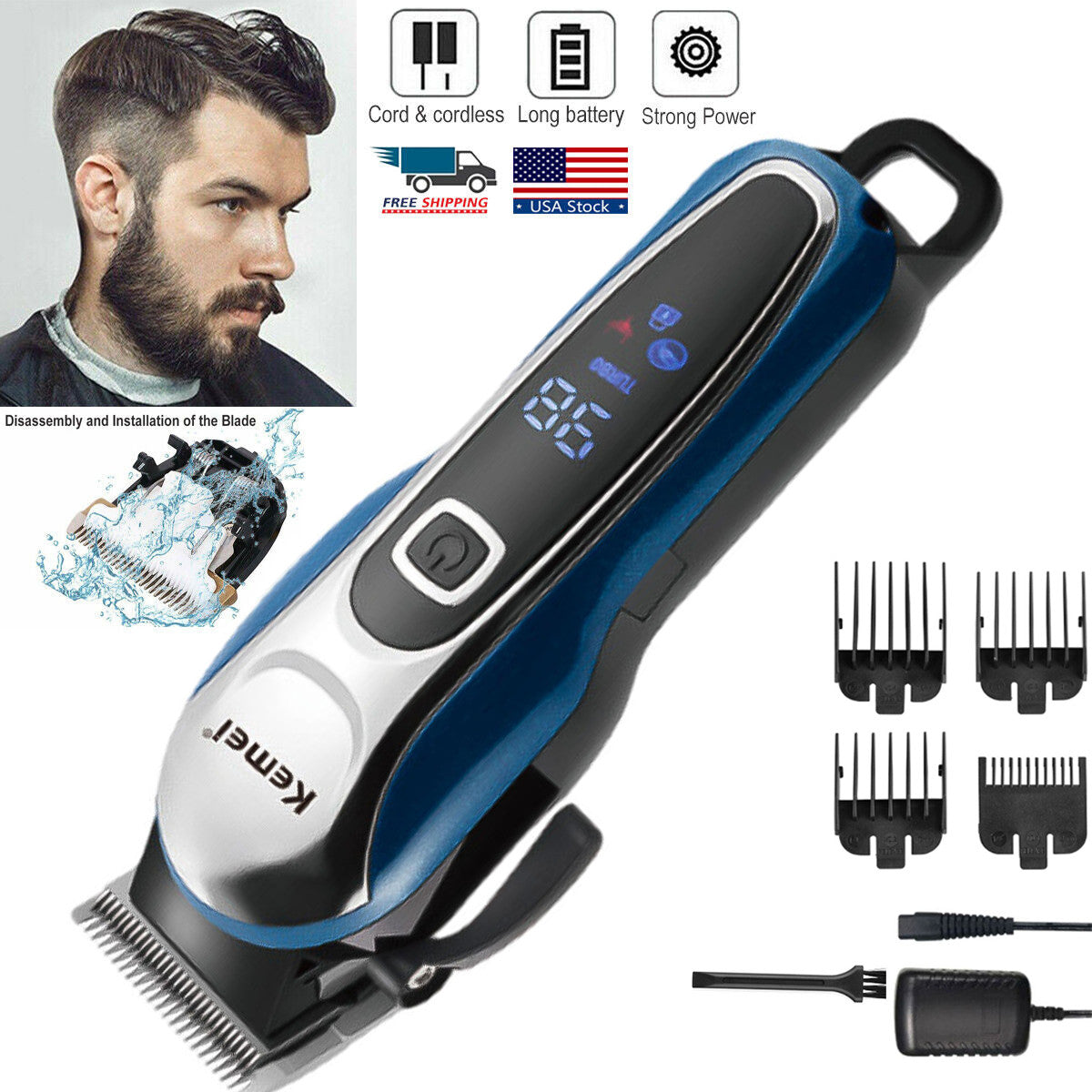 Men's Cordless Hair Clipper Kit with LED Display and Multiple Attachments