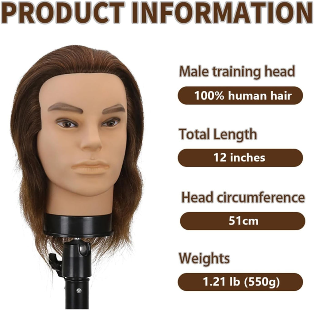 12-Inch Male Barber Mannequin Head with Human Hair for Haircut Practice