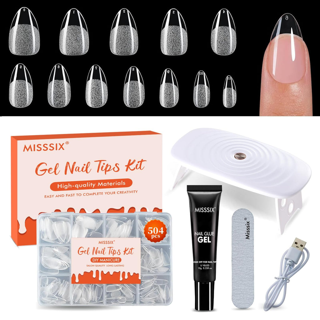 Short Almond Nail Tips Kit 504pcs with UV Lamp & Nail Glue - Clear Fake Nails
