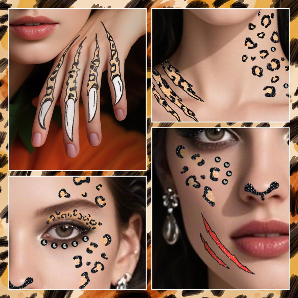 Halloween Leopard Face Paint Tattoos & Black Face Gems Set