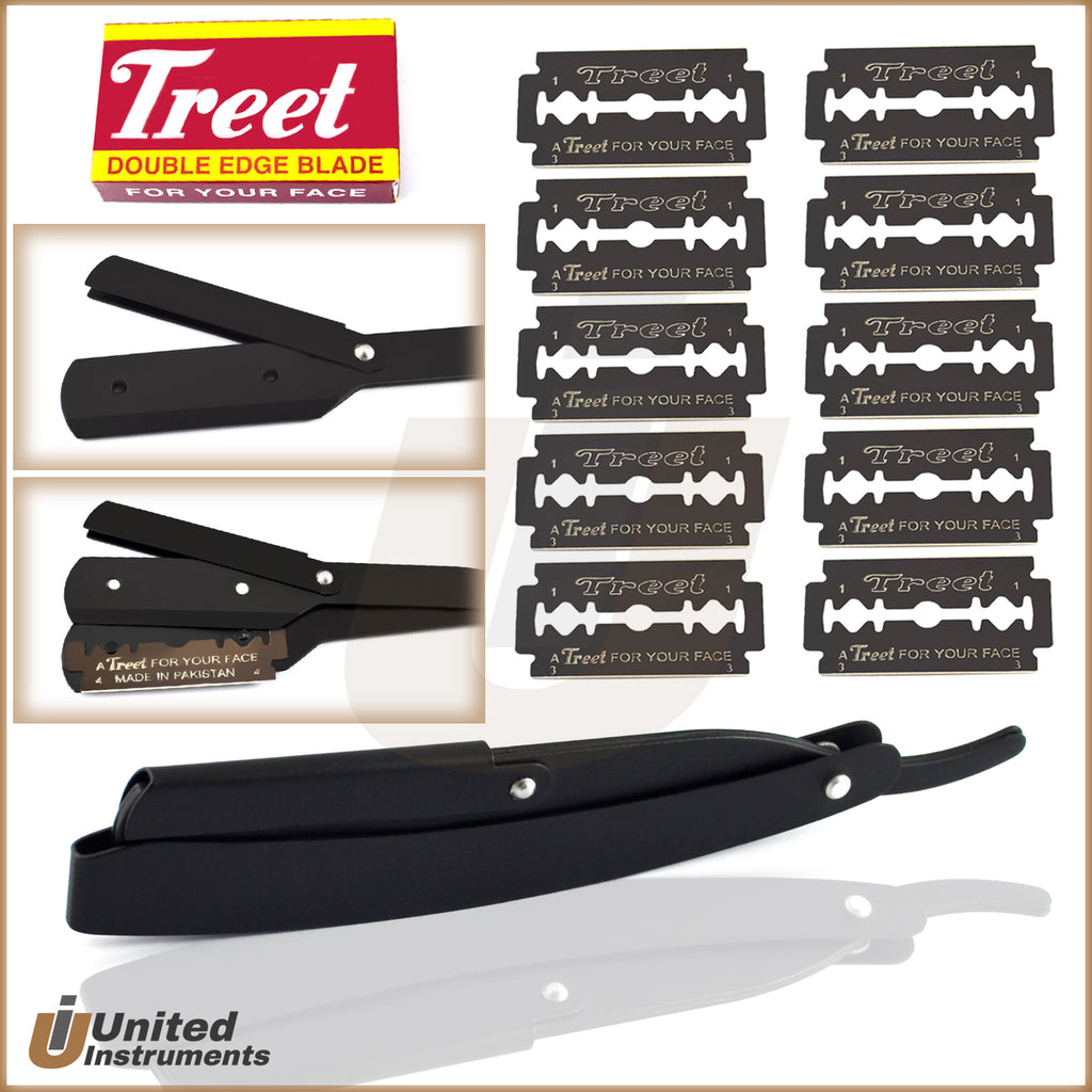 Professional Barber Shaving Razor Kit with 10 Blades - Black Steel, Folding