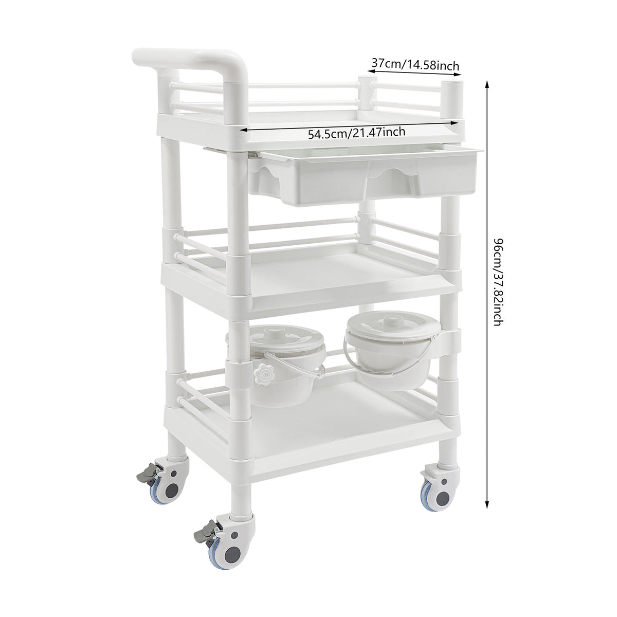Salon Mobile Storage Cart with 3 Shelves and 2 Garbage Bins - White
