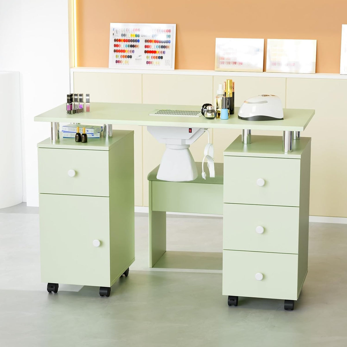 Professional Nail Desk and Chair Set with Dust Suction System, Storage Drawers