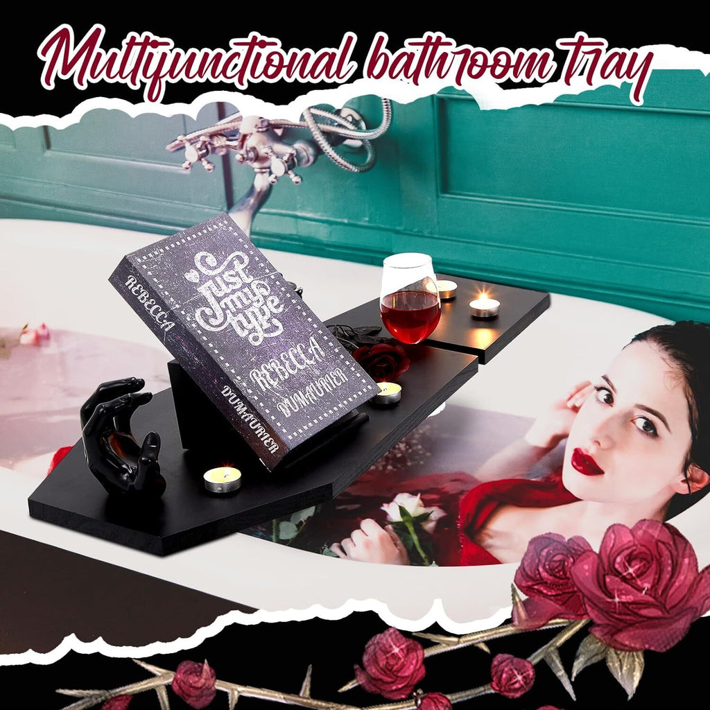 Halloween Coffin Bath Tray with Wine Notch and Book Holder - Black