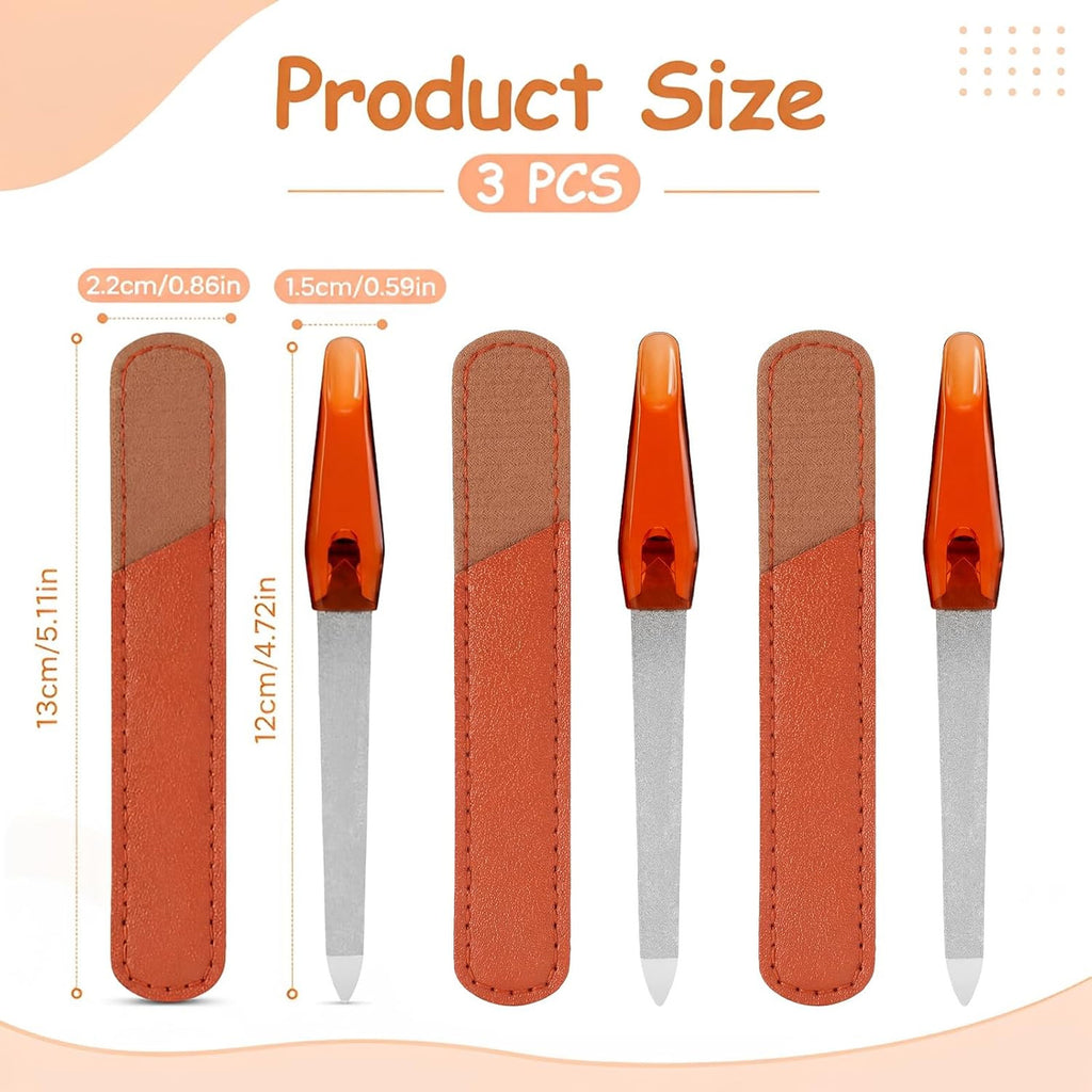 Metal Nail File Set with Sharp Pointed Tips & Leather Sheath Case - 3 Pack, 5 Inch