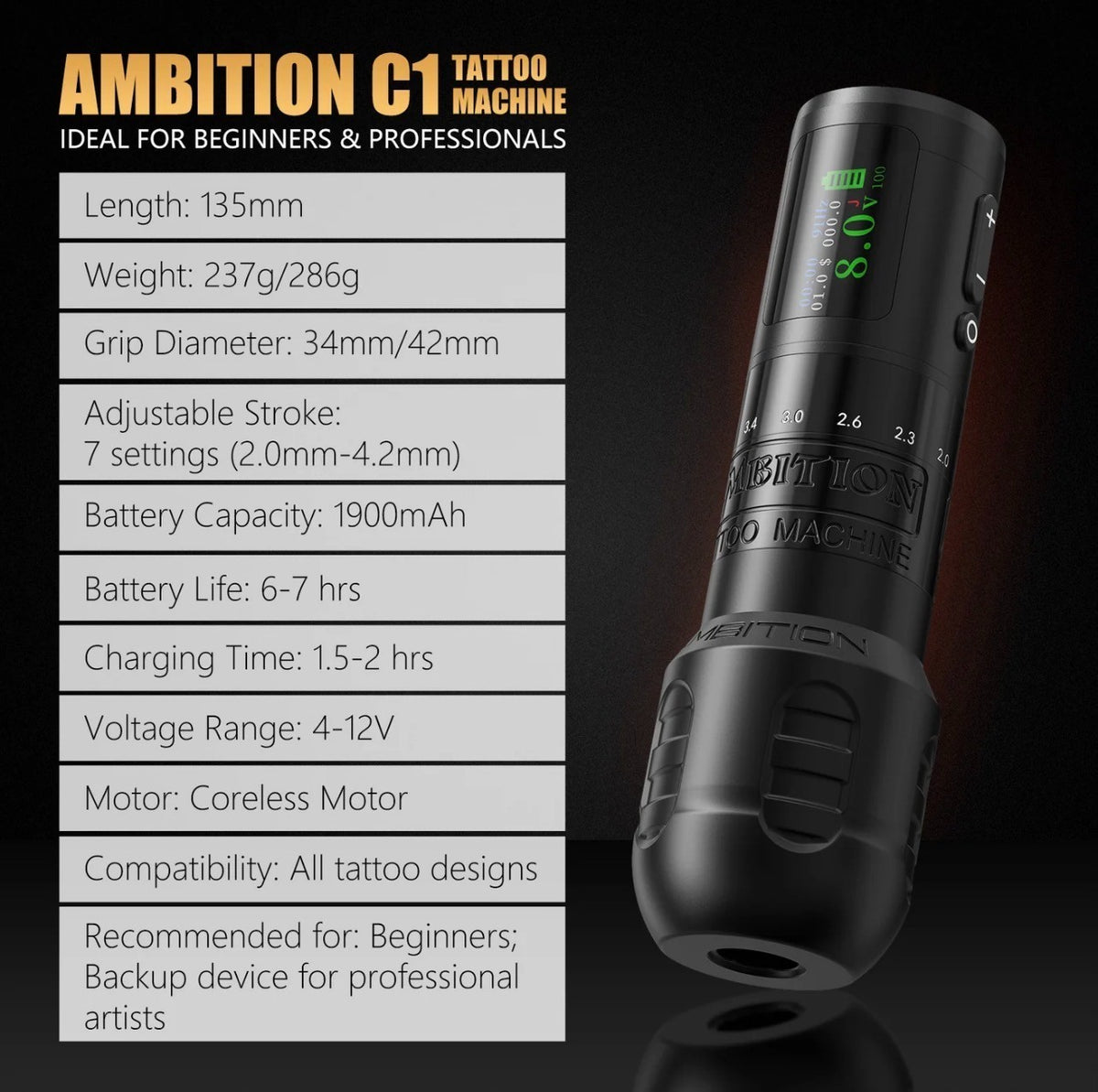 Wireless Tattoo Machine C1 Plus — 7 Stroke Settings 2.0–4.2mm, 1900mAh Battery