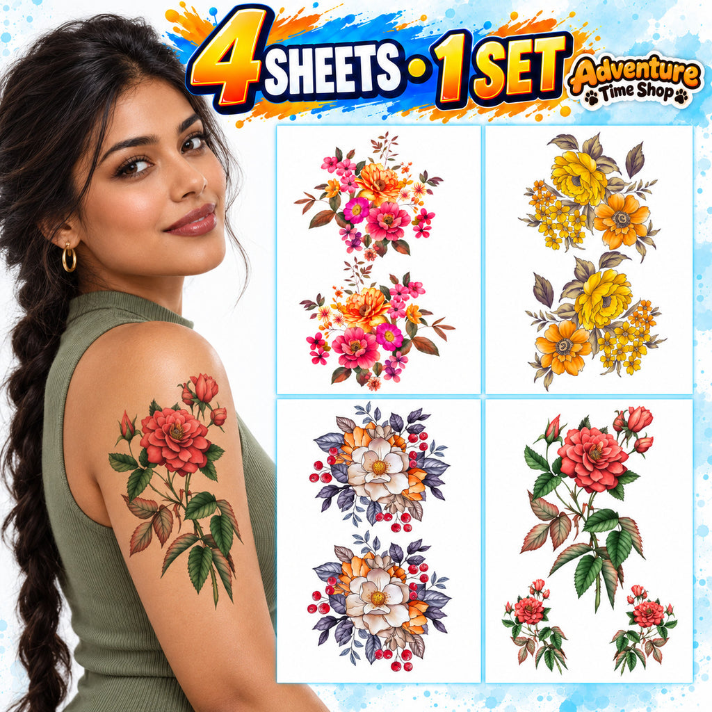 Temporary Tattoo Sheets 4 Pack - Colorful Floral Rose Art for Body Arm