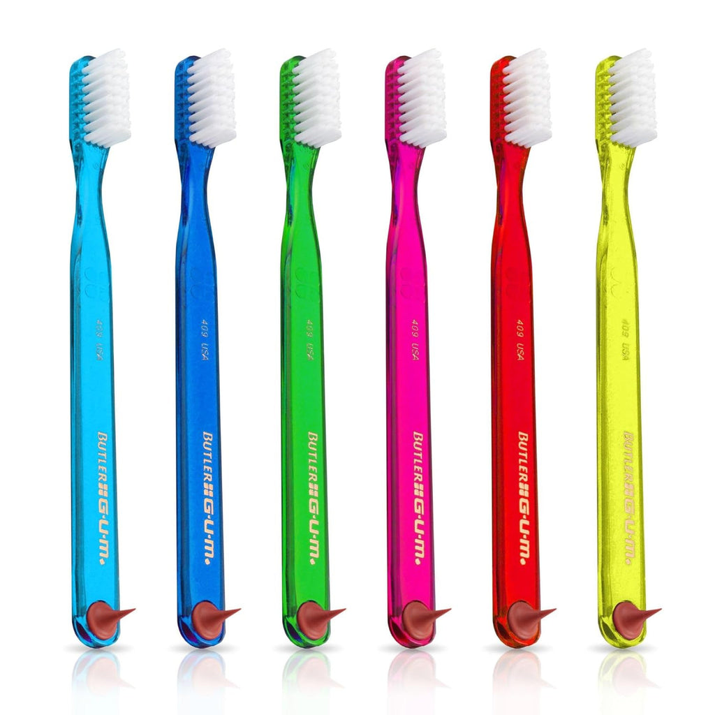 Soft Toothbrush with Dental Pick & Patented Dome Trim Bristles - Pack of 12